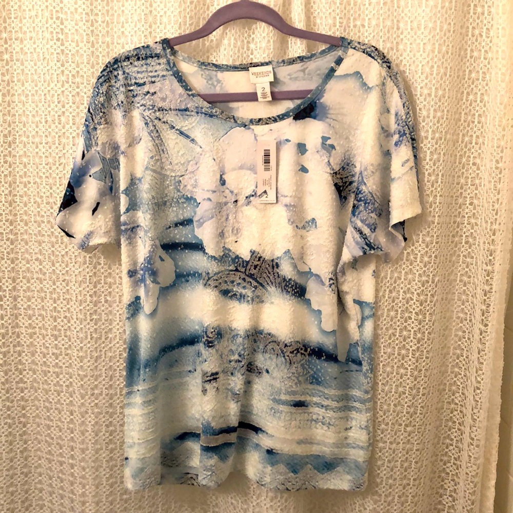 Chico’s- paisley jacquard dolman‎ ss top midnight blue-size 2-Brand new